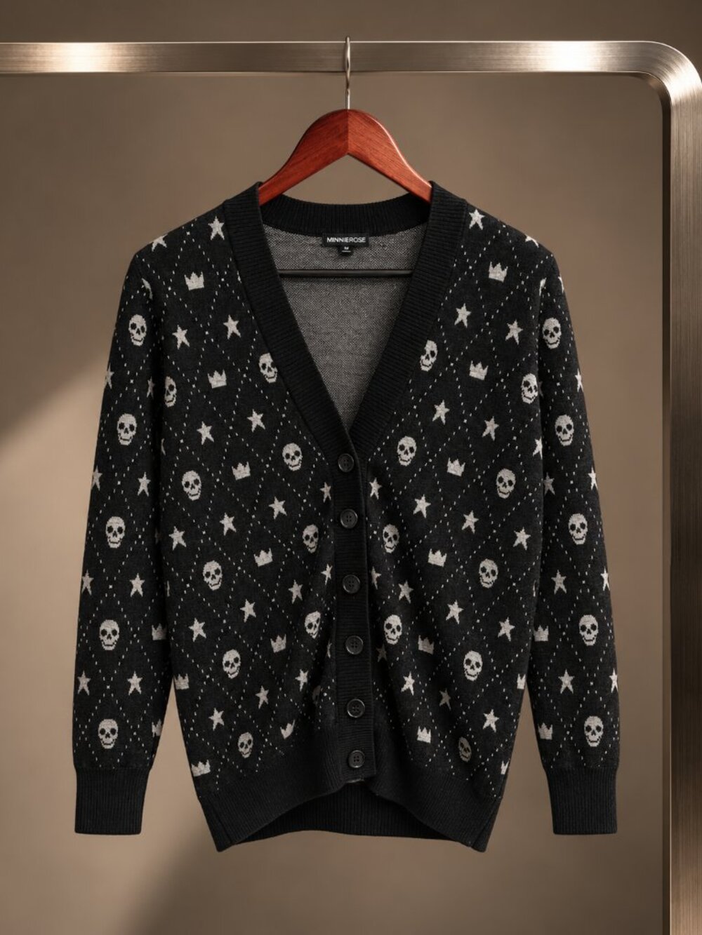 Minnie Rose Black Grey Skull Star Crown Intarsia Merino Wool Cardigan XS